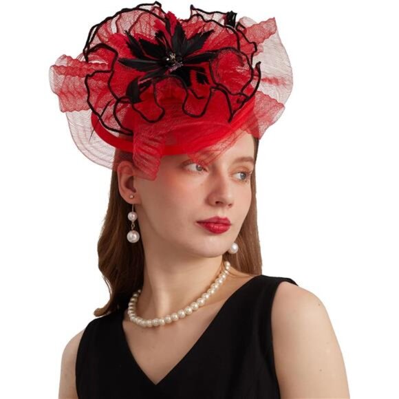 Women's Derby Church Fascinators Hat with Detachable Flowers Red - Picture 7 of 7